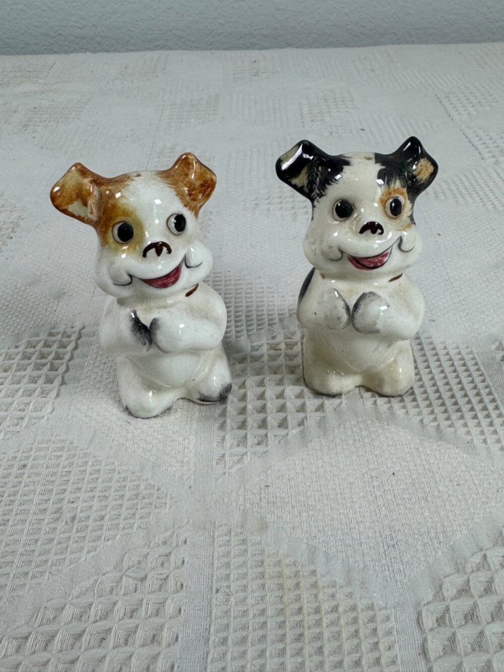 Vintage Dog Theme Ceramic Salt and Pepper Shakers w Hand Painted Details Japan